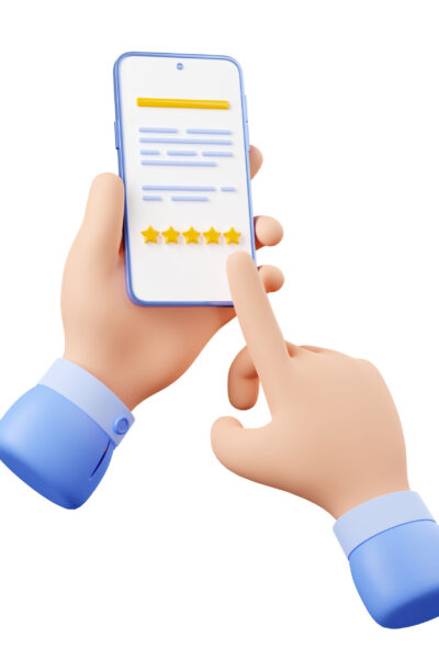 3d render customer leave feedback on phone screen. Hand holding smartphone with five star rating on desktop. Positive user review, rate, online assessment, Illustration in cartoon plastic style
